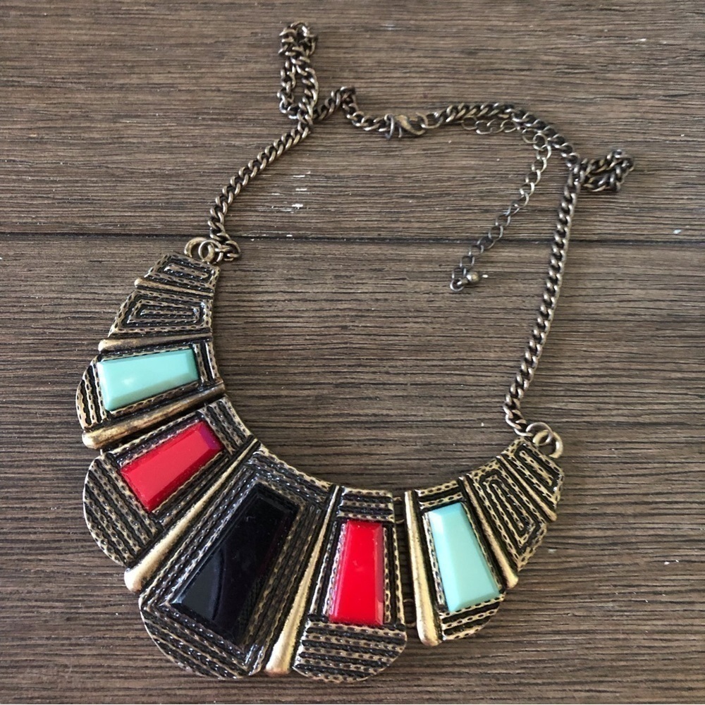 Geometric Tribal red and gold Necklace
